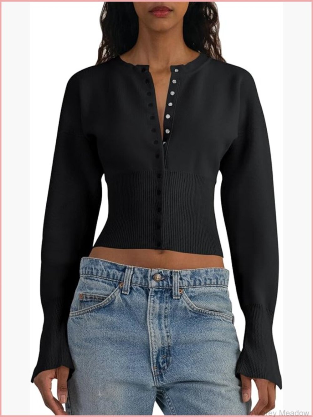 Cropped V-Neck Button Down Long Sleeve Ribbed Knit Slim Fit Pullover Sweater Top